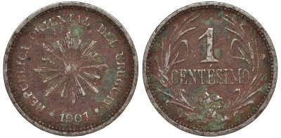 Уругвай 1 сентесимо 1901 KM 19 медно-никель 4169-556