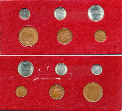 Норвегия набор из 6 монет 1969-1970 Улаф V, животные, в картонном буклете UNC 4-4-1-12