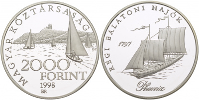 Венгрия 2000 форинтов 1998 ВР, морской корабль Phoenix, парусник KM 731 серебро PROOF 1068-1-64