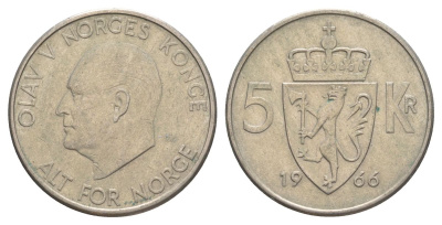 Норвегия 5 крон 1966 Улаф V (1957-1991) KM 412 медно-никель 4162-346