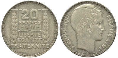 Франция 20 франков 1933 Пьер Тюрен KM 879, Le Franc 400.3 сереброо 413-3444