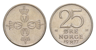 Норвегия 25 эре 1977 Улаф V (1957-1991) KM 417 медно-никель 4632-1251