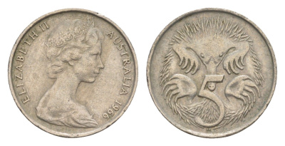 Австралия 5 центов 1966 Елизавета II (1952-2022) молодой портрет, ехидна KM 64 медно-никель 4151-314