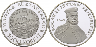 Венгрия 5000 форинтов 2005 дизайн Трансильванского талера, Иштван Бочкаи (1557-1606), тираж 3000 экземпляров KM 786 серебро PROOF 1077-4-21