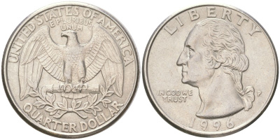 США 25 центов = квотер = 1/4 доллара 1996 P, Вашингтон KM 164a медь плакированная медно-никелем 4159-545