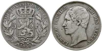 Бельгия 5 франков 1850 Леопольд I (1831-1865), точка над датой KM 17 серебро 74-1133