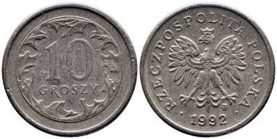 ПОЛЬША 10 ГРОШЕЙ 1992 MW KM 279 медно-никель 4381-618