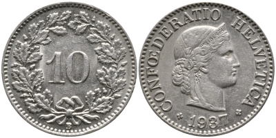 Швейцария 10 раппенов 1937 В KM 27b никель 4539-436