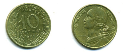 ФРАНЦИЯ 10 САНТИМОВ 1981 ТИП MARIANNE КМ 929 медь алюминий никель 3999-714