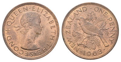 Новая Зеландия 1 пенни 1963 Елизавета II (1952-2022), новозеландский туи KM 24.2 бронза aUNC 4587-424
