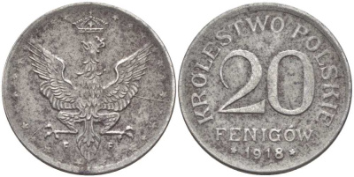 ПОЛЬША 20 ФЕНИГОВ 1918 FF. ГЕРМАНСКАЯ ОККУПАЦИЯ, ПЕРВАЯ МИРОВАЯ ВОЙНА KM 7 железо 5010-1242