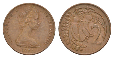 Новая Зеландия 2 цента 1972 Елизавета II (1952-2022), два цветка кохаи KM 32.1 бронза 4178-229