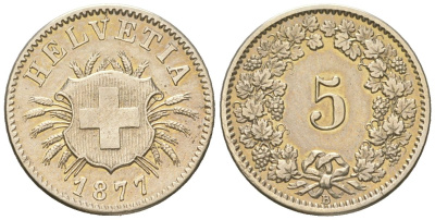 Швейцария 5 раппенов 1877 B, редкий год - тираж 978.000 экземпляров KM 5 серебро 1524-312