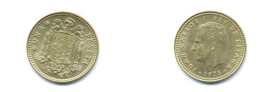 Испания 1 песета 1975 (80) Хуан Карлос I (1975-2014) KM 806 алюминиевая бронза 54-946