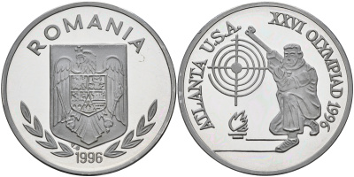 Румыния 100 леев 1996 XXVI Олимпийские игры 1996 года в Атланте, 100 лет Олимпийскому движению, стрельба, пробный выпуск, пифорт  алюминий  PROOF  1525-1321