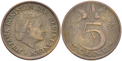 Нидерланды 5 центов 1953 Юлиана (1948-1980) KM 181 бронза 3718-158