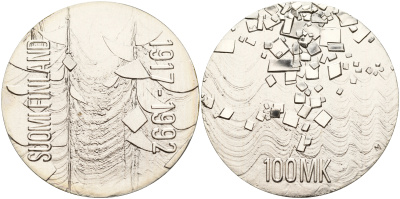 Финляндия 100 марок 1992 75 лет независимости KM 71 серебро UNC 1066-4-26