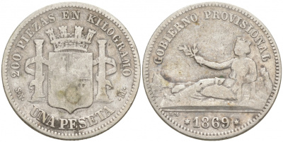Испания 1 песета 1869 SN-M KM 652 (Y-A55) серебро 3853-121