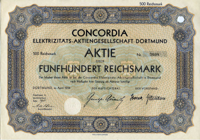 Германия 500 рейхсмарок 1934 АО Электрическая компания Конкордия, Дортмунд, акция   бумага   8803-23-1