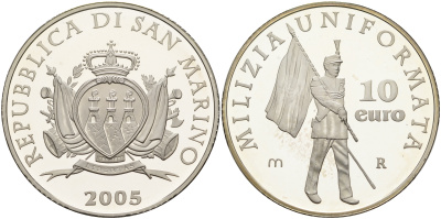 Сан-Марино 10 евро 2005 милиция, карабинеры, в оригинальной коробке, с сертификатом KM 344 серебро PROOF 6-5-1-15