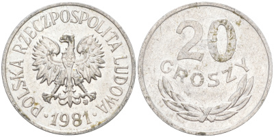 ПОЛЬША 20 ГРОШЕЙ 1981 MW KM A47 алюминий XF 188-1034