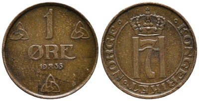 НОРВЕГИЯ 1 ЭРЕ 1935 ХОКОН VII (1905-1957) KM 367 бронза 66-139