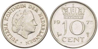 НИДЕРЛАНДЫ 10 ЦЕНТОВ 1975 ЮЛИАНА (1948-1980) KM 182 никель 116-1117