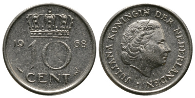 НИДЕРЛАНДЫ 10 ЦЕНТОВ 1968 ЮЛИАНА KM 182 никель 45-1215