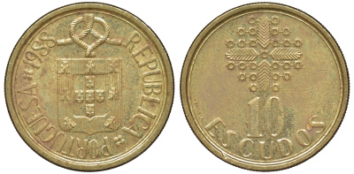 Португалия 10 эскудо 1988 KM 633 никель латунь 4142-1136