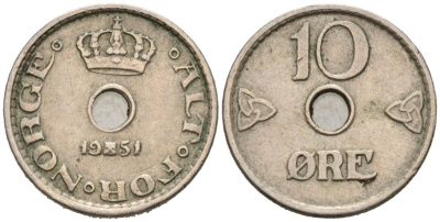 Норвегия 10 эре 1951 Хокон VII (1905-1957) KM 383 медно-никель 4564-821