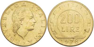 Италия 200 лир 1978 R, шестерня KM 105 алюминиевая бронза 4551-453