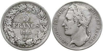 Бельгия 5 франков 1848 Леопольд I (1831-1865), в венке KM 3.2 серебро 74-832