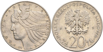 Польша 20 злотых 1975 MW, Международный год женщины KM 75, Parchimowicz 248 медно-никель AUNC 4531-1234