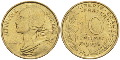 Франция 10 сантимов 1969 ТИП MARIANNE KM 929, le Frank 144.9 медь алюминий никель 105-442