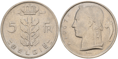 Бельгия 5 франков 1967 Belgie, Бодуэн I (1951-1993) KM 135.1 медно-никель    4187-312
