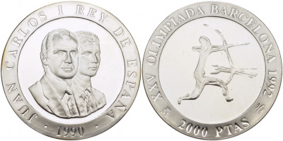 Испания 2000 песет 1990 XXV летние Олимпийские игры 1992 года в Барселоне, стрельба из лука KM 861 серебро PROOF 04-093-41