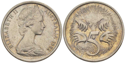 АВСТРАЛИЯ 5 ЦЕНТОВ 1982 ЕЛИЗАВЕТА II, МОЛОДОЙ ПОРТРЕТ, ЕХИДНА KM 64 медно-никель 100-1236