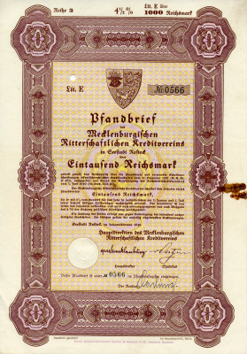 Германия 1000 рейхсмарок 1940 Мекленбургский рыцарский кредитный клуб, 4 1/2%   бумага   8804-87-1