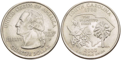 США 25 центов = квотер 2000 P, серия штаты США, Южная Каролина KM 307 медь плакированная медно-никелем 4544-253