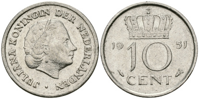 Нидерланды 10 центов 1951 Юлиана (1949-1980) KM 182 никель 96-363