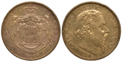 Монако 100 франков 1884 Карл III KM 99 золото 00-000-00