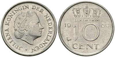 Нидерланды 10 центов 1969 Юлиана (1948-1980) KM 182 никель 96-456