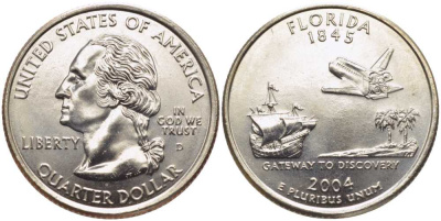 США 25 центов = квотер 2004 D, серия штаты США, Флорида KM 356 медь плакированная медно-никелем UNC M50-04