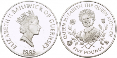 Гернси 5 фунтов 1995 Королева Елизавета, королева мать, царапинки на поле KM 66a серебро PROOF 1078-7-63