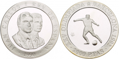 Испания 2000 песет 1990 XXV летние Олимпийские игры 1992 года в Барселоне, футбол KM 862 серебро PROOF 1088-8-32