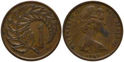 Новая Зеландия 1 цент 1967 Елизавета II (1952-2022), лист папоротника KM 31.1 бронза 218-327
