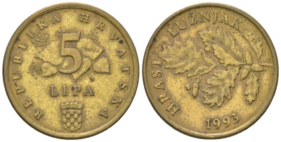 Хорватия 5 лип 1993 нечетный год KM 5 сталь плакированная латунью    4124-645