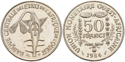 Валютное сообщество стран Западной Африки 50 франков 1984  KM 6 медно-никель  UNC  4595-733