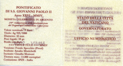 Ватикан 5 евро 2004 Иоанн Павел II, 150 лет провозглашения догмата о непорочном зачатии, в оригинальной коробке, с сертификатом KM 359 серебро  PROOF  7-1-47
