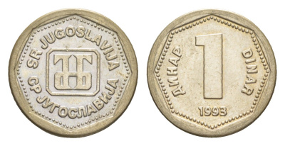 Югославия 1 динар 1993 KM 154 медь цинк никель 4181-134